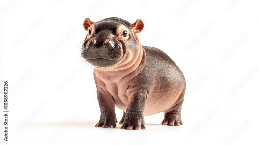 Obraz premium Cheeky Pygmy Hippo Baby Standing Confidently on a White Background