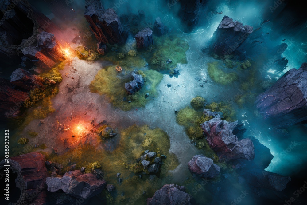 Aerial view of a mystical landscape featuring glowing rocks, scattered vegetation, and dramatic lighting, Ideal for fantasy-themed projects, video games, or creative storytelling, Aerial view of a mystical landscape featuring glowing rocks, scattered vegetation, and dramatic lighting, Ideal for fantasy-themed projects, video games, or creative storytelling,