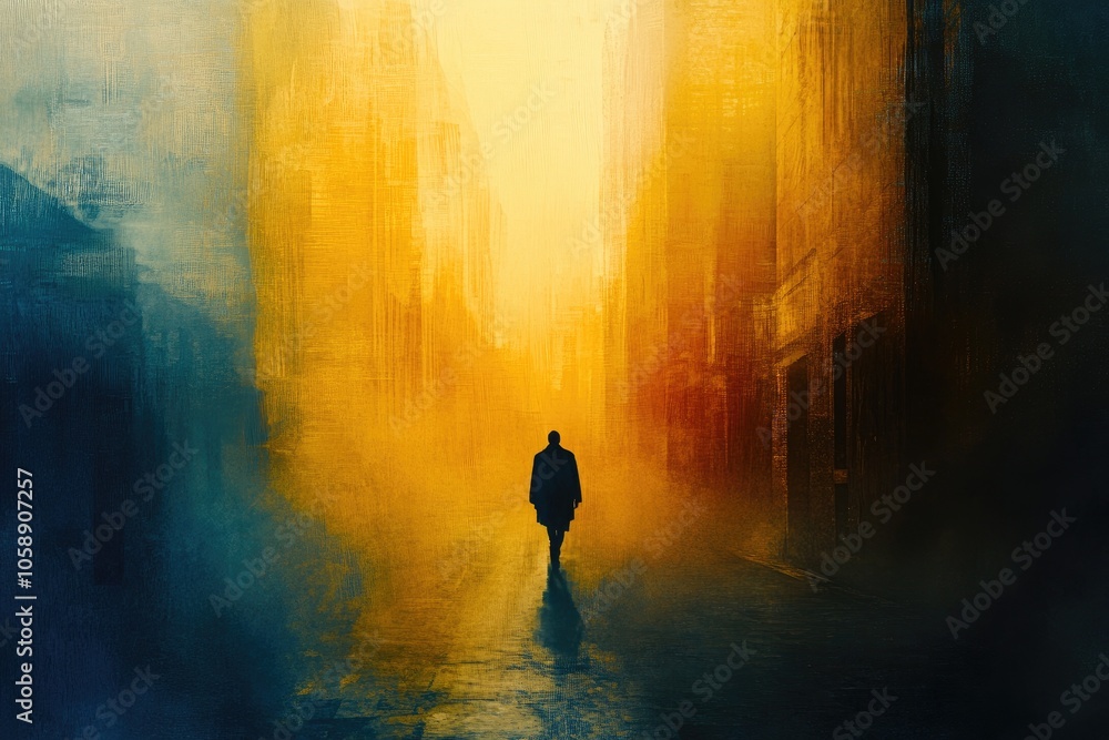 A Solitary Figure Walking Through a Golden Fog-Filled City Street A Solitary Figure Walking Through a Golden Fog-Filled City Street