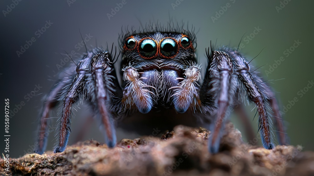 Macro Photography of Jumping Spider with Blue Eyes on Dark Background Macro Photography of Jumping Spider with Blue Eyes on Dark Background