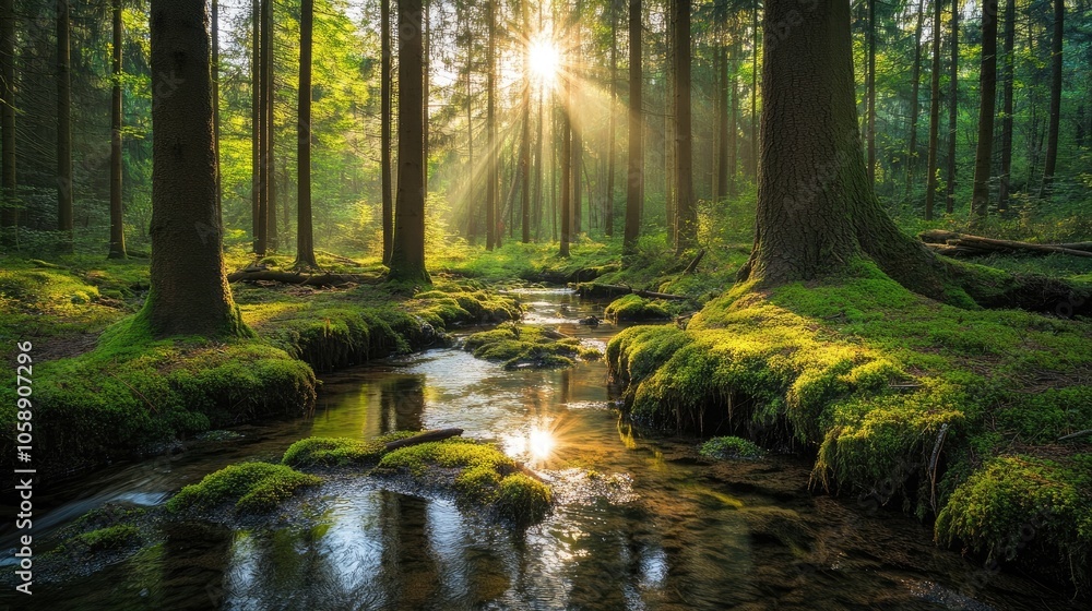 Obraz premium Sunlit Forest Stream with Mossy Banks