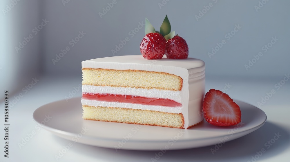 Delicious slice of strawberry shortcake on a white plate Delicious slice of strawberry shortcake on a white plate