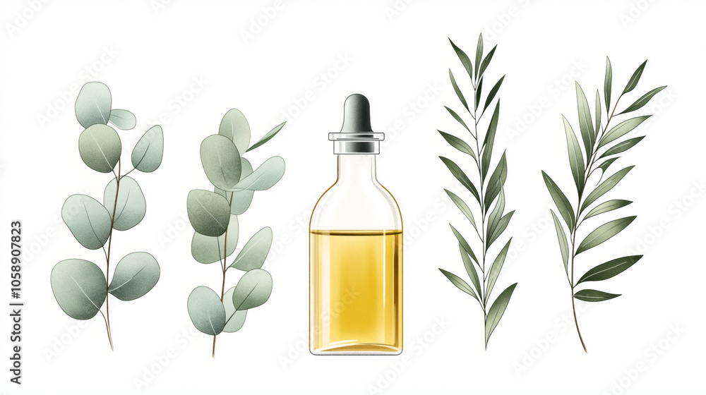 Illustration of a glass bottle with dropper containing yellow liquid and green leafy branches arranged around it. Illustration of a glass bottle with dropper containing yellow liquid and green leafy branches arranged around it.