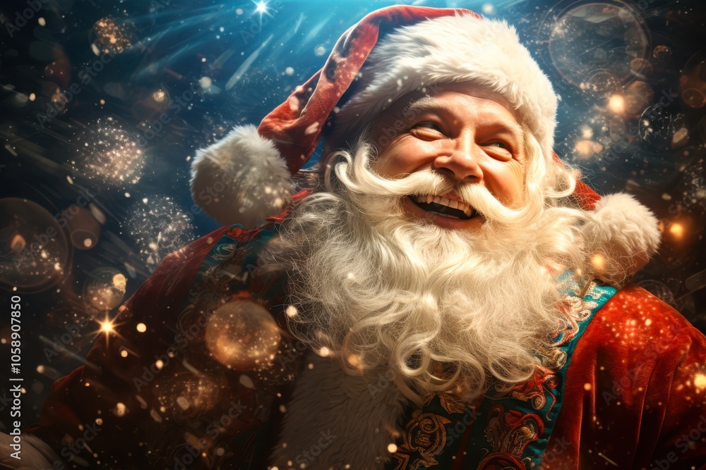 A joyful figure in a festive outfit smiles warmly, surrounded by a bokeh of shimmering lights, capturing the spirit of the holiday season, Ideal for Christmas cards, decorations, or online promotions A joyful figure in a festive outfit smiles warmly, surrounded by a bokeh of shimmering lights, capturing the spirit of the holiday season, Ideal for Christmas cards, decorations, or online promotions