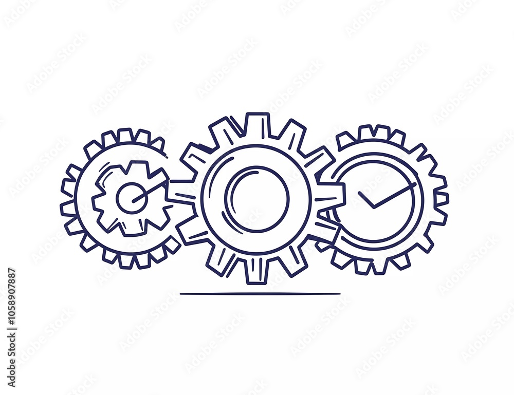 A continuous one-line drawing of three gears working together, a simple vector illustration on a white background A continuous one-line drawing of three gears working together, a simple vector illustration on a white background