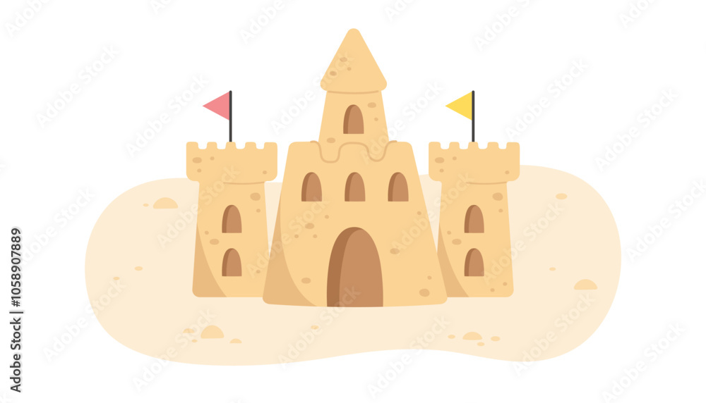 Sand castle with towers and flags on the beach Sand castle with towers and flags on the beach