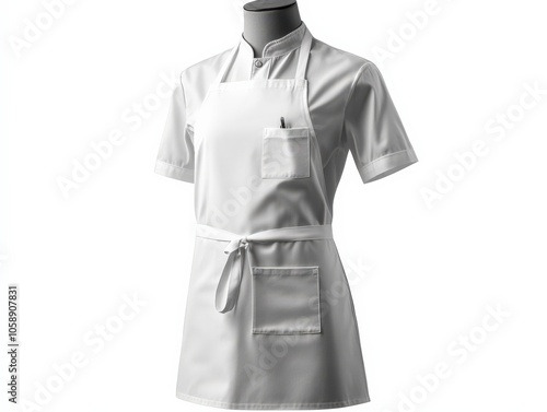 Stylish white chef apron displayed on a mannequin for culinary use. photo