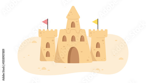 Sand castle with towers and flags on the beach