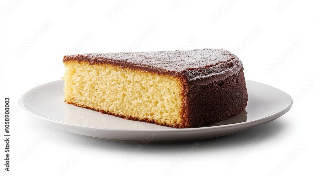 Delicious slice of chocolate-covered sponge cake on white plate Delicious slice of chocolate-covered sponge cake on white plate