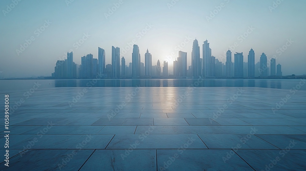 Urban Skyline with Central City View Featuring Pathway and Parking Area for Automotive Advertising Urban Skyline with Central City View Featuring Pathway and Parking Area for Automotive Advertising