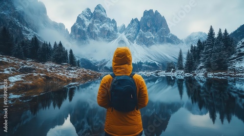 photographer holding protective filter, capturing the majestic mountain landscape, showcasing the interplay of nature and technology as the backdrop enhances the artistry of the image