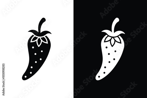 Spicy chili hot silhouette icon illustration on white and black background.