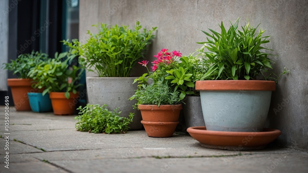 Potted flowers placed on a street floor, adding a touch of color and nature to the urban setting with their vibrant blooms and greenery Potted flowers placed on a street floor, adding a touch of color and nature to the urban setting with their vibrant blooms and greenery
