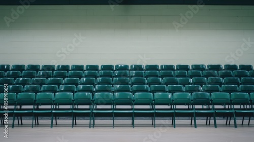 Green Folding Chairs in a Gymnasium Setting photo