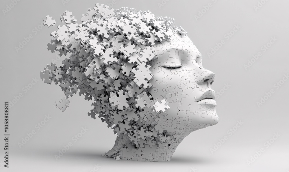 A woman’s face emerging from puzzle pieces, showcasing creativity and transformation in a minimalist art style A woman’s face emerging from puzzle pieces, showcasing creativity and transformation in a minimalist art style