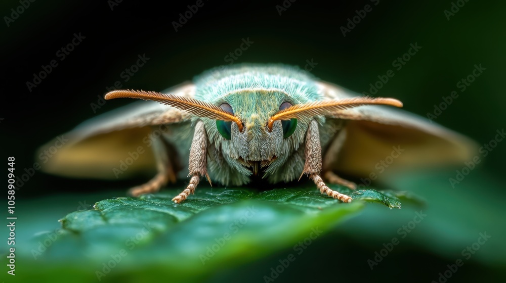 Naklejka premium Macro photograph showcasing a moth resting on a leaf, highlighting its intricate details and vibrant colors in a natural setting with a shallow depth of field.