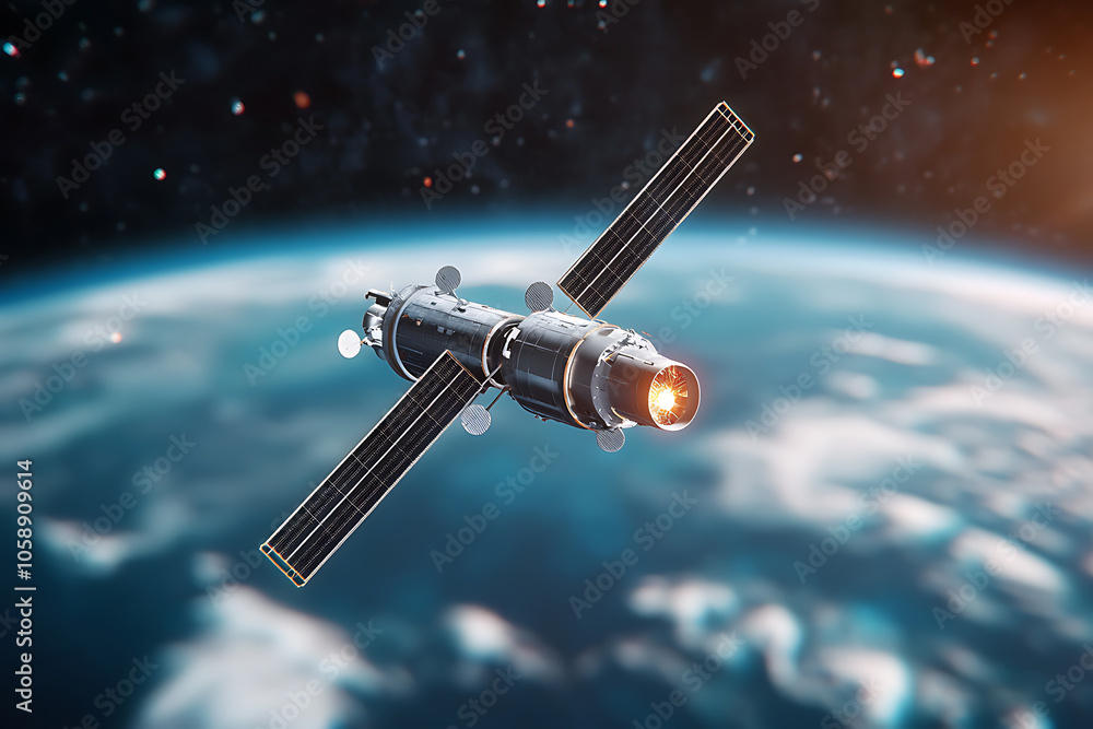 Obraz premium Exploring the future of connectivity a communication satellite in vibrant holographic display above earth