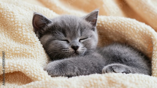 Adorable gray kitten peacefully sleeping on a cozy, textured blanket, embodying tranquility and comfort. photo