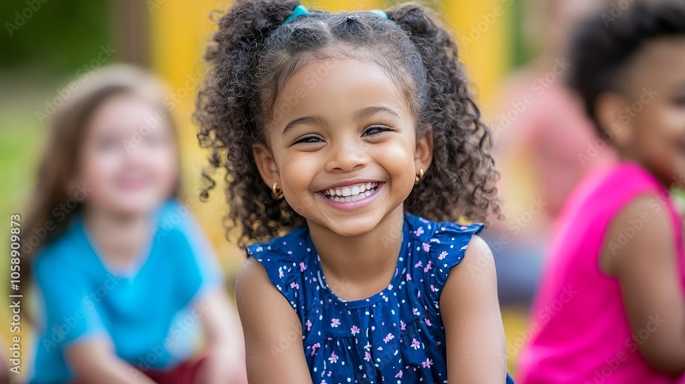 Cheerful girl smiling brightly while enjoying playtime with friends in a sunny outdoor setting. Cheerful girl smiling brightly while enjoying playtime with friends in a sunny outdoor setting.