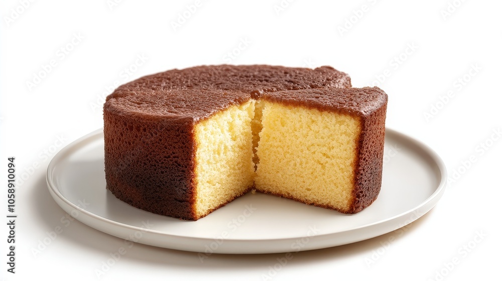Delicious homemade sponge cake on white plate with a slice missing Delicious homemade sponge cake on white plate with a slice missing