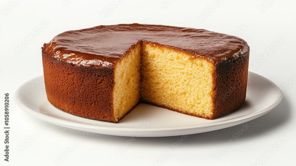 Classic caramel-topped sponge cake on a white plate with a slice removed Classic caramel-topped sponge cake on a white plate with a slice removed