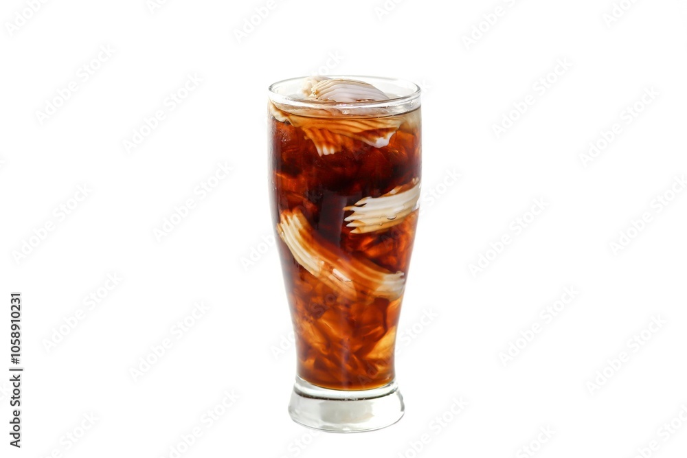 Ready for drink with Americano ice coffee mix with coconut water and serving with coconut slices for topping in white background and isolated beverage concept. Ready for drink with Americano ice coffee mix with coconut water and serving with coconut slices for topping in white background and isolated beverage concept.
