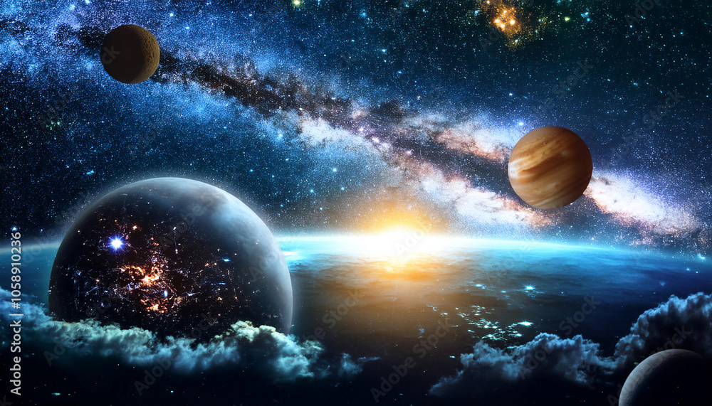 Vastness of the universe, featuring galaxies, stars, nebulae, and planets, symbolizing cosmic exploration, astronomy, and the mysteries of space. Vastness of the universe, featuring galaxies, stars, nebulae, and planets, symbolizing cosmic exploration, astronomy, and the mysteries of space.