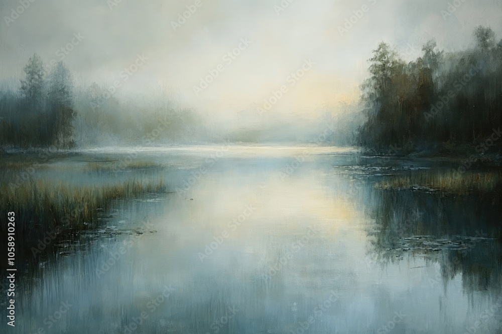 Fototapeta premium A Misty Morning Landscape with a Tranquil Lake and Silhouetted Trees