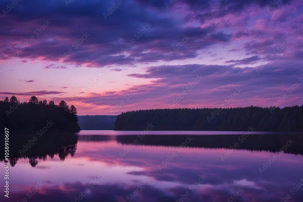 Evening sky with bold purples and blues light from the setting sun reflecting off a calm lake, AI Generated Evening sky with bold purples and blues light from the setting sun reflecting off a calm lake, AI Generated