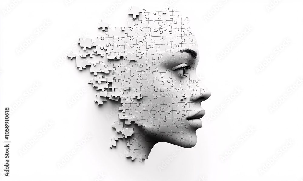 A woman’s face emerging from puzzle pieces, showcasing creativity and transformation in a minimalist art style