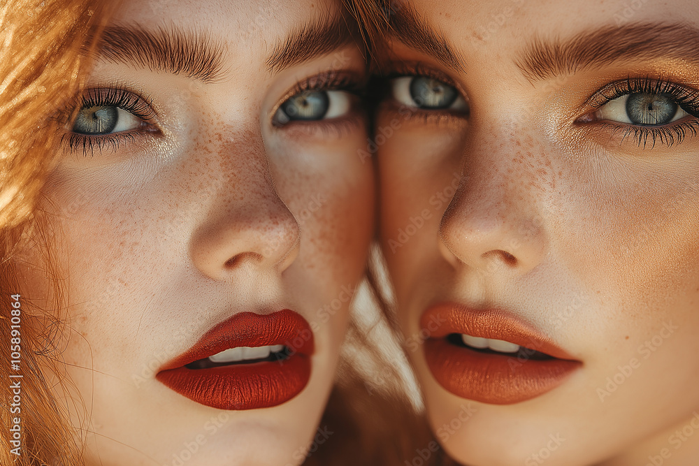 Close-up of two models with red lipstick and eye shadow, both with beautiful eyes Close-up of two models with red lipstick and eye shadow, both with beautiful eyes