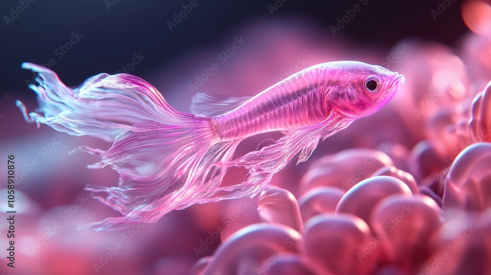 Fototapeta premium A vibrant neon fish gracefully glides near colorful anemones in a tropical ocean habitat