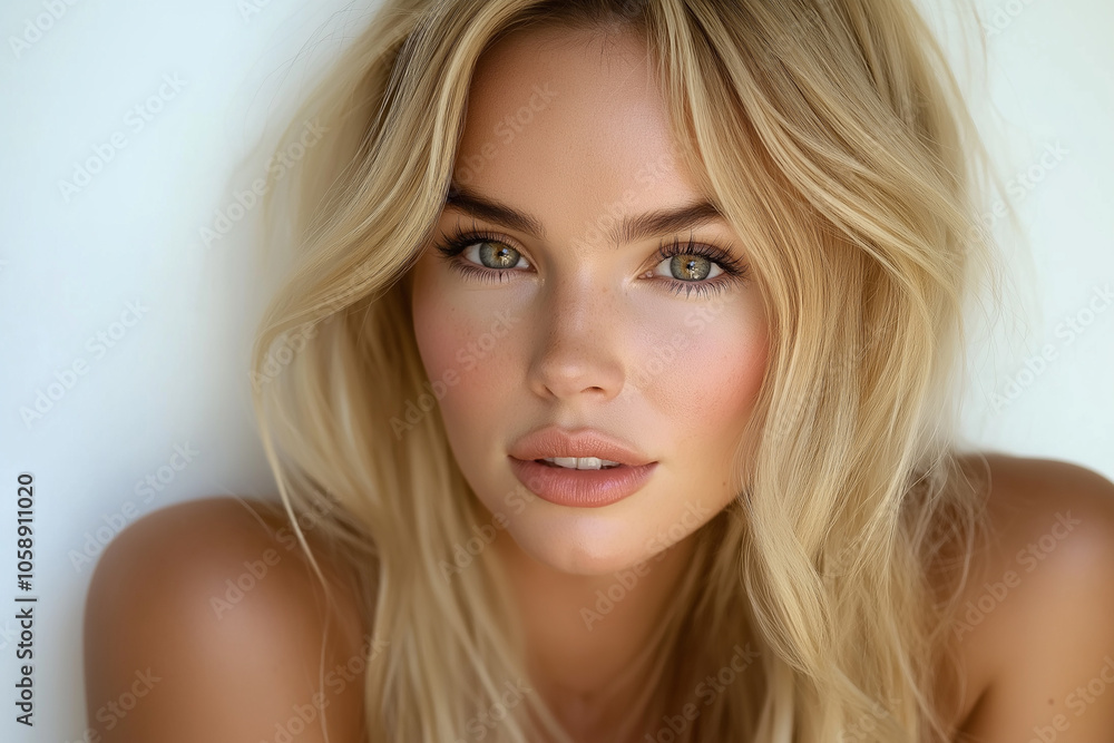 A beautiful woman with smooth skin, showcasing her radiant complexion and well-groomed eyebrows on an isolated beige background A beautiful woman with smooth skin, showcasing her radiant complexion and well-groomed eyebrows on an isolated beige background