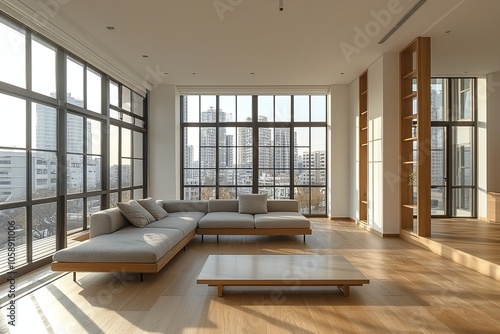 Mid century Modern interiors in the living room with large windows and sofas and tables. Generative AI 