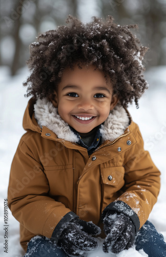 cute black little boy playing in the snow, wearing winter and gloves. The child is sitting on top of fresh white powdery snow photo