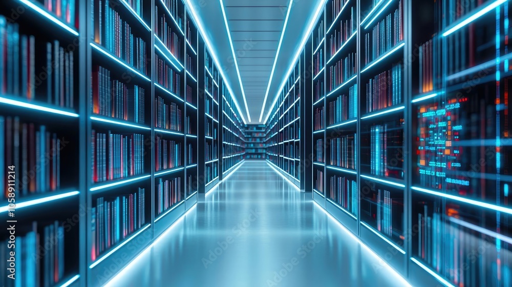 Futuristic library interior with glowing shelves and sleek lighting. Futuristic library interior with glowing shelves and sleek lighting.