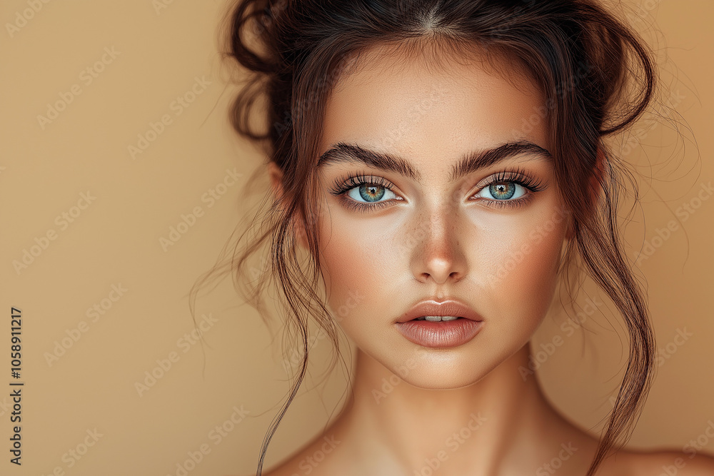 A beautiful woman with smooth skin, showcasing her radiant complexion and well-groomed eyebrows on an isolated beige background A beautiful woman with smooth skin, showcasing her radiant complexion and well-groomed eyebrows on an isolated beige background