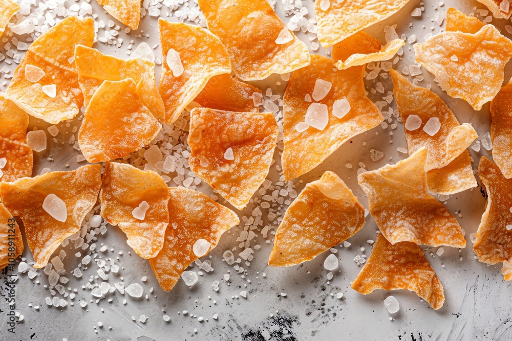 Close-up shot of crispy, triangular chips with sea salt on a white background. Close-up shot of crispy, triangular chips with sea salt on a white background.