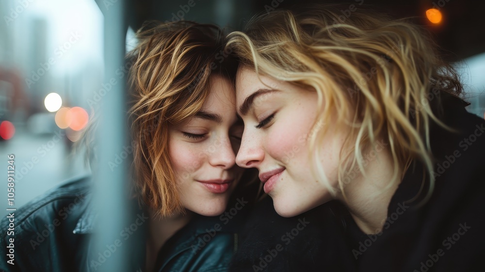 Two close friends share a quiet, intimate moment, leaning in gently with closed eyes, symbolizing trust and deep connection in a calm urban setting. Two close friends share a quiet, intimate moment, leaning in gently with closed eyes, symbolizing trust and deep connection in a calm urban setting.