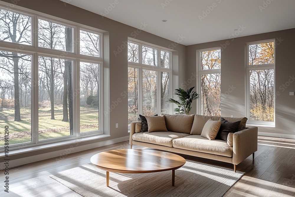 A modern Scandinavian interior in the living room with minimalist, round table and comfortable sofa. Generative AI
A modern Scandinavian interior in the living room with minimalist, round table and comfortable sofa. Generative AI