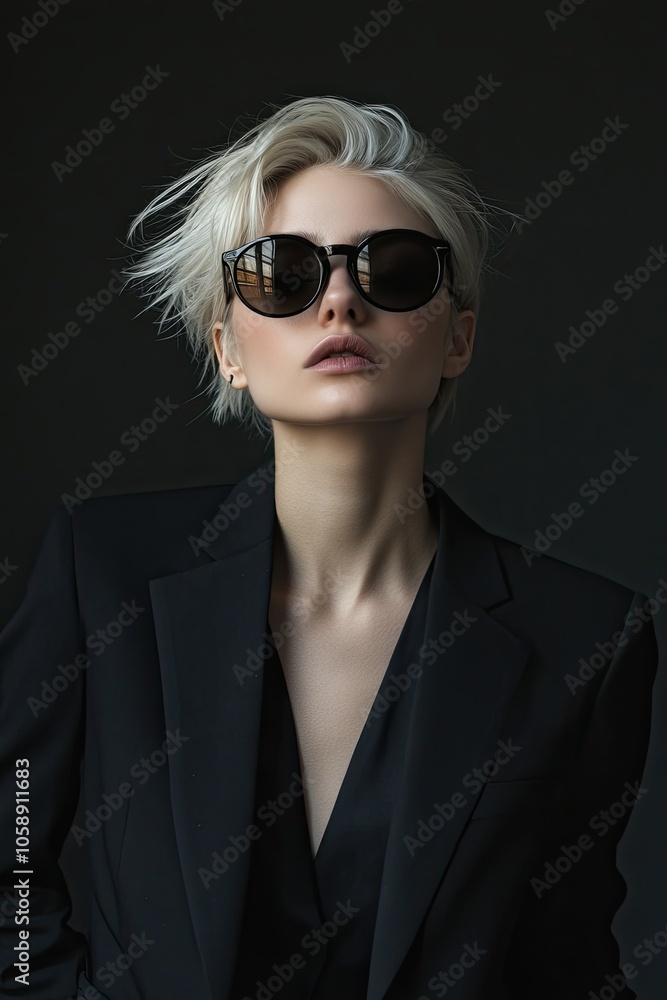 witch in black sunglasses in a suit on a plain background. strong emotions. different tones. on a black background. witch in black sunglasses in a suit on a plain background. strong emotions. different tones. on a black background.