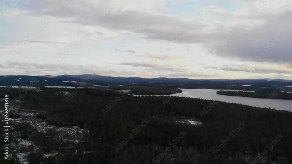 Drone shot of a snowy landscape in Sweden.