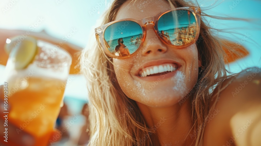 A joyful woman in sunglasses holds a cocktail, enjoying the sunny beach vibe with a smile, highlighting happiness and relaxation in a lively summer setting. A joyful woman in sunglasses holds a cocktail, enjoying the sunny beach vibe with a smile, highlighting happiness and relaxation in a lively summer setting.