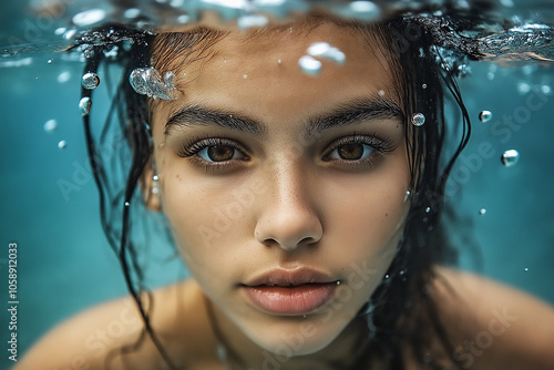 An underwater portrait of a beautiful female model