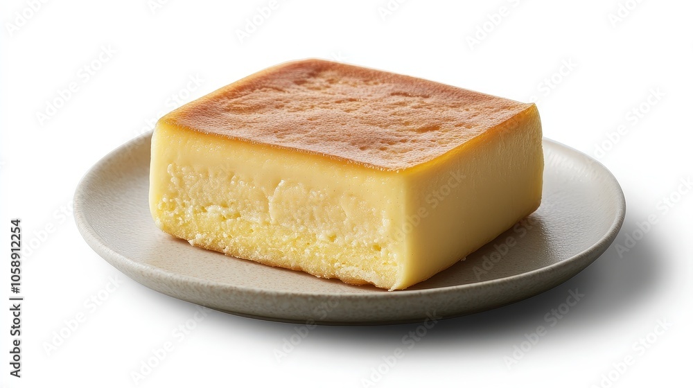 Delicious slice of classic japanese cheesecake on a simple plate Delicious slice of classic japanese cheesecake on a simple plate