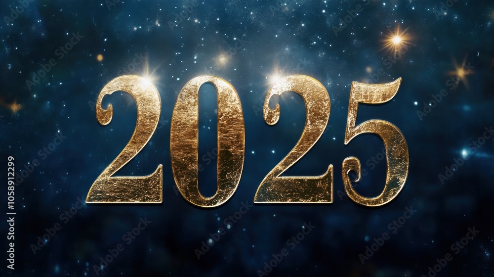 Naklejka premium Golden 2025 Text on Deep Blue Background
