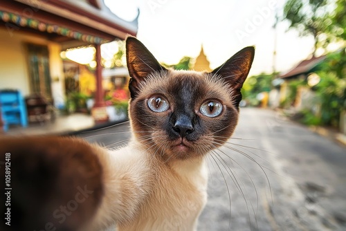 Curious Siamese Cat Taking a Selfie at a Thai Temple