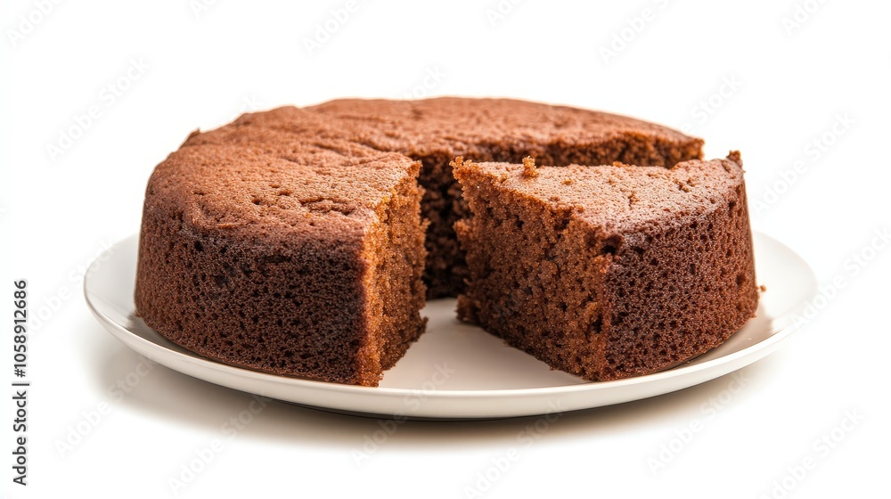 Delicious homemade chocolate cake on a white plate with a slice cut out Delicious homemade chocolate cake on a white plate with a slice cut out