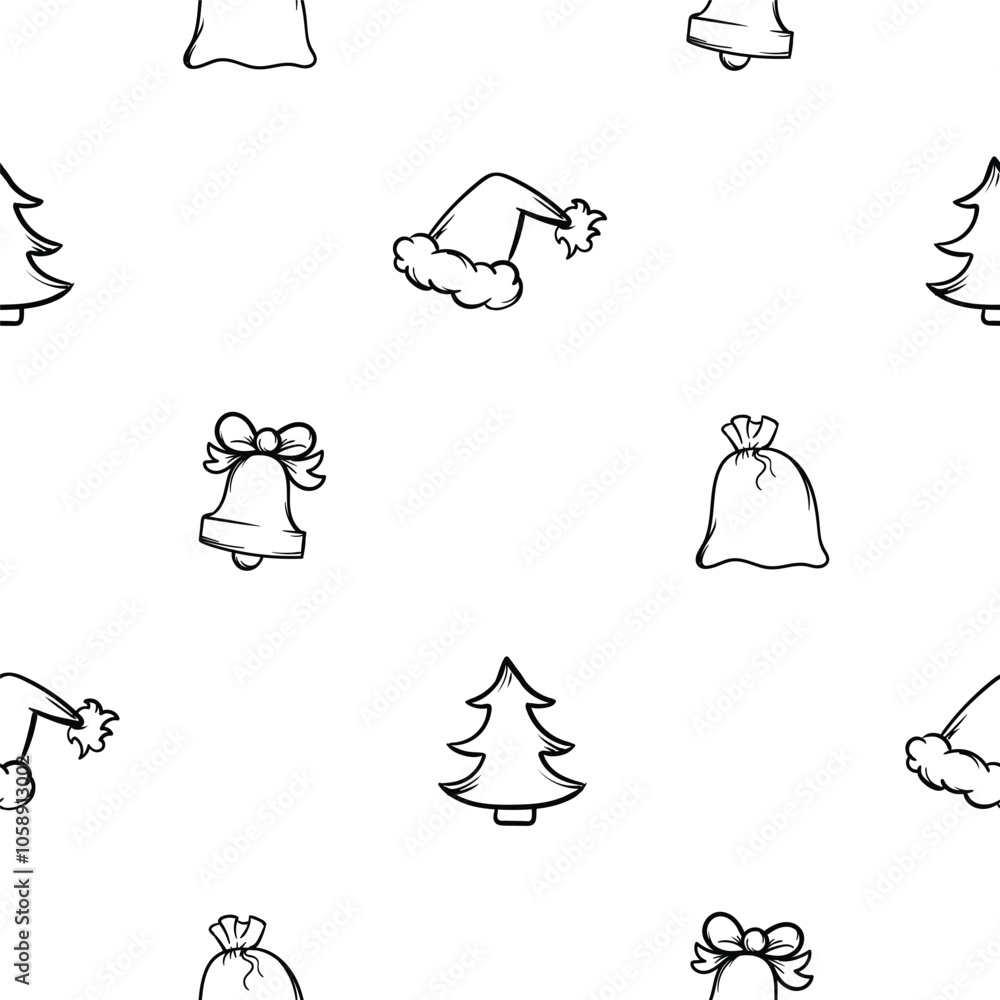 Simple vector black and white hand drawn New Year pattern with bell, hat, Santa's bag and Christmas tree. Endless holiday background for wrapping paper, decoration, print, banner Simple vector black and white hand drawn New Year pattern with bell, hat, Santa's bag and Christmas tree. Endless holiday background for wrapping paper, decoration, print, banner