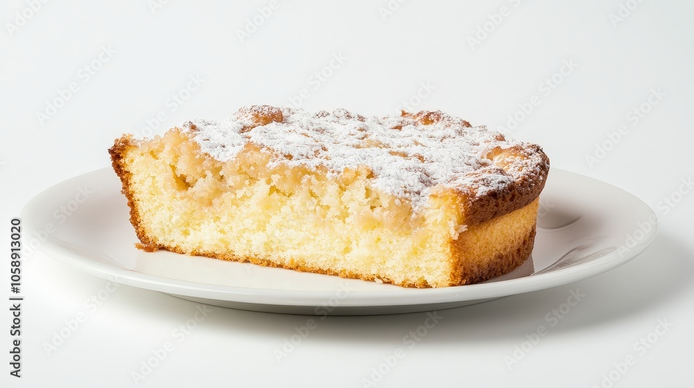 Delicious slice of homemade apple cake with powdered sugar on white plate Delicious slice of homemade apple cake with powdered sugar on white plate